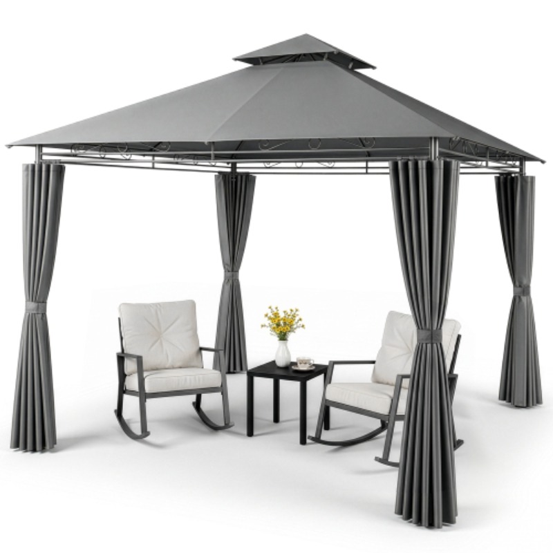 Image of 10x10ft Dark Grey Gazebo, Single/double Tier Top With Extended Eave, 4 And , Dark Grey Round Tube Frame Columns, Decorative Round Hook Pattern Eave, Outdoor Patio Shelter