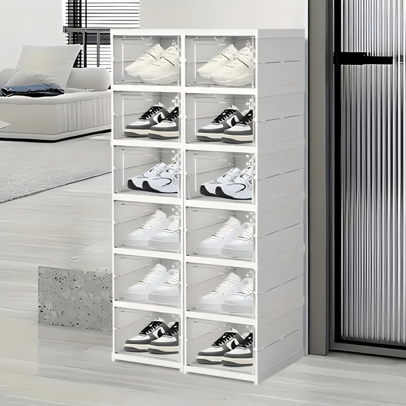 Image of 6-tier Foldable Shoe Rack Organizer 6 Pairs Clear Plastic Collapsible Stackable Shoe Boxes Storage Organizer With Doors Large Portable Easy Assembly Closet Entryway Containers Bins ( Cooking)