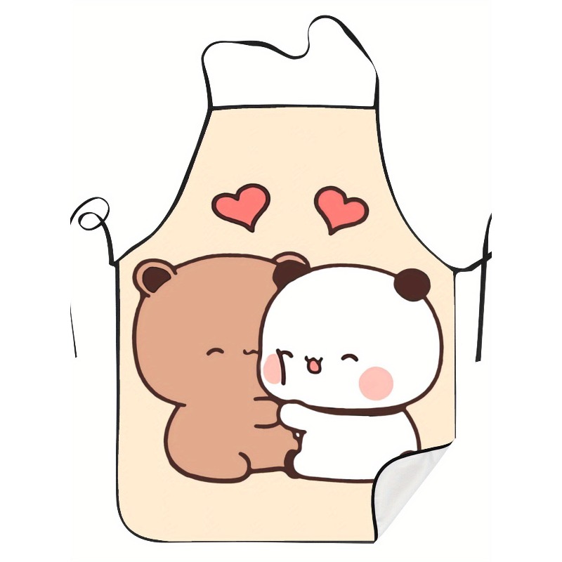 TEMU 1pc Doudou Vintage Bear Couple Apron - Adult Sleeveless Kitchen Apron With Cute Bear & Heart, Durable Suitable For Cooking,, Bbq, For Home Use,