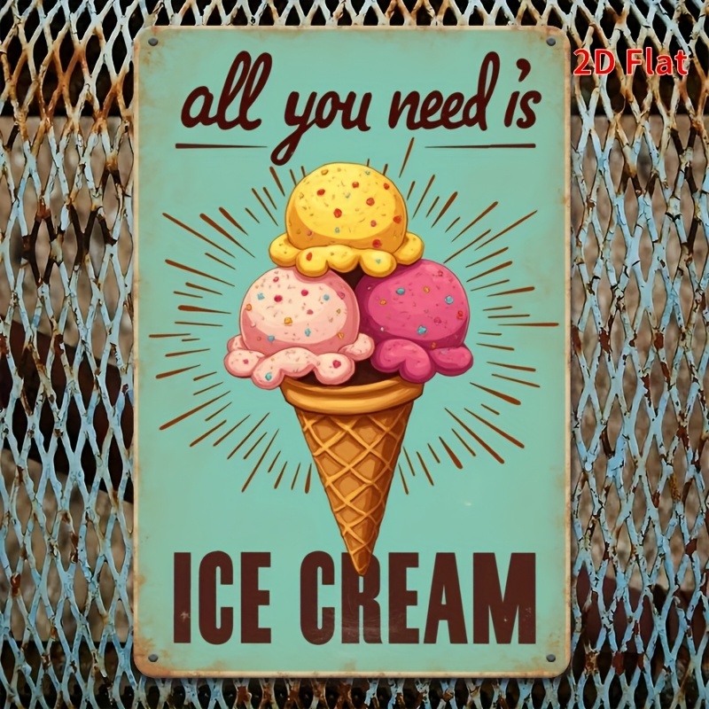 TEMU 2d Flat, 1pc Cone Metal Wall Sign - Turquoise & Yellow Retro " Ice" Diner Decor - Heavy-duty Iron Sign Suitable For Cafes, Kitchens, Restaurants