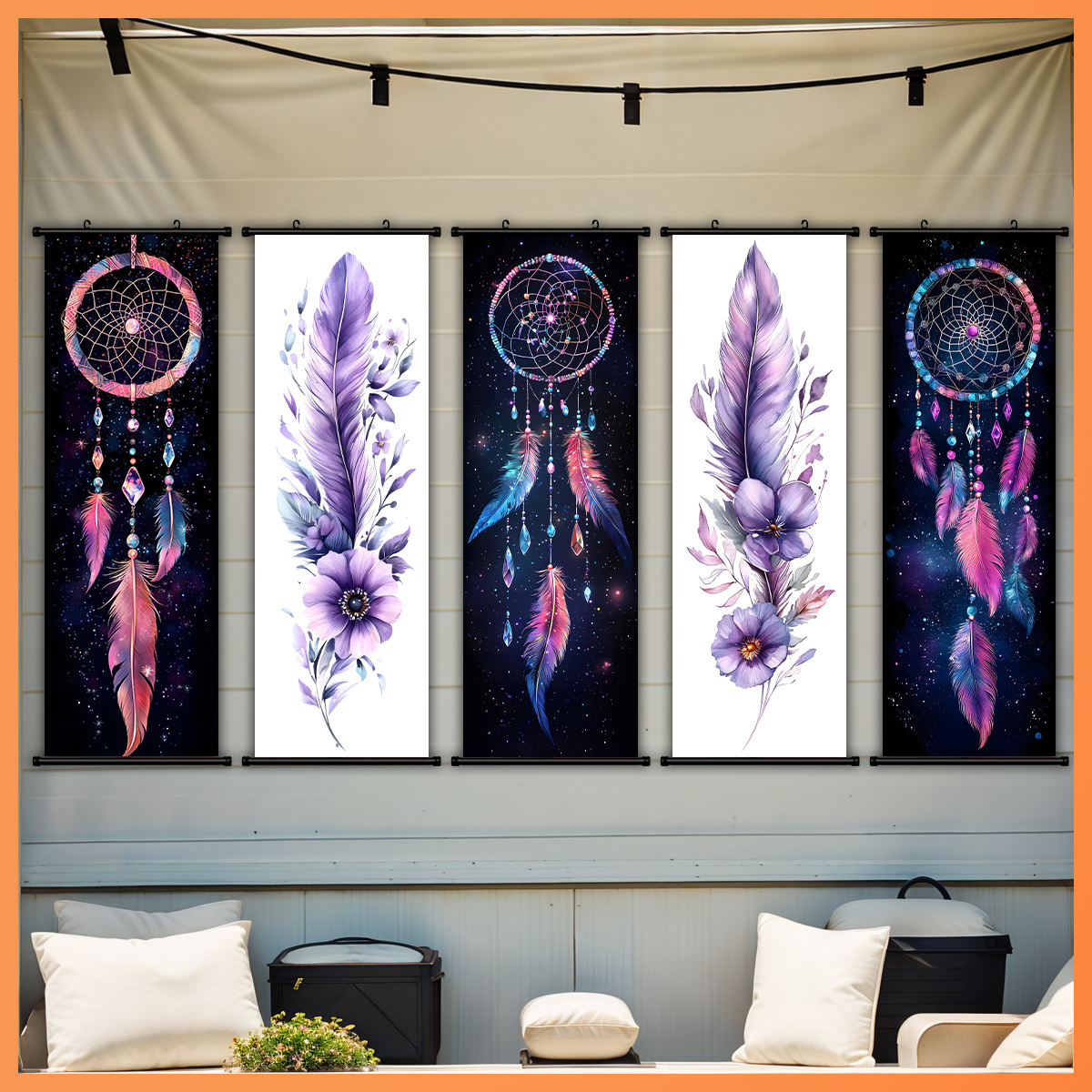TEMU Lot de 5 Tableaux Murales en Toile avec Plumes et Attrape- Violet Vif - Décoration Bohème Chic, Prêts à Accrocher, Idéal pour Salon, Chambre,