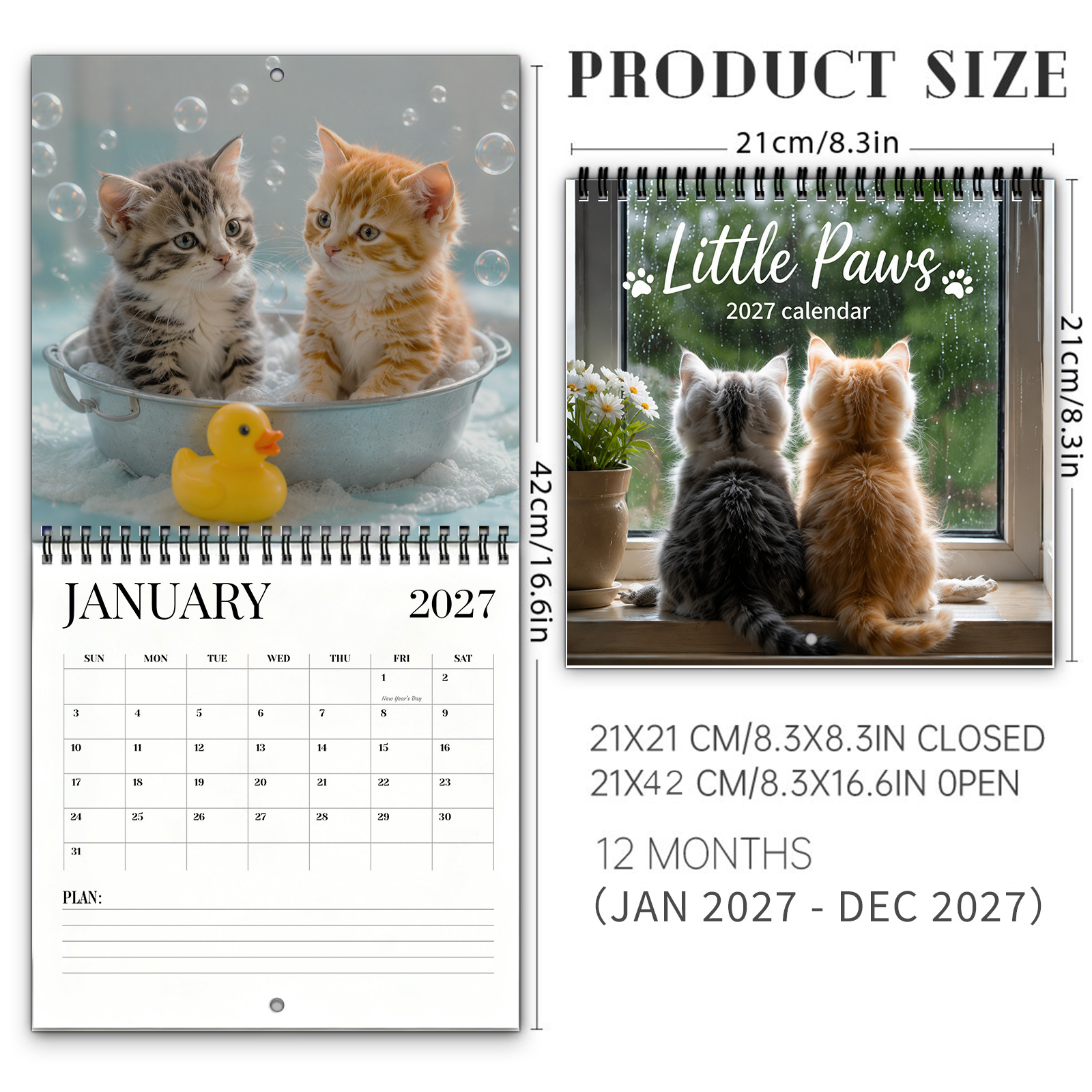 TEMU 1pc 2027 Kitten Love Wall Calendar With Monthly Pages - Twin-wire Hanging Suitable For Home/office Decor, Cute Fluffy Cat Photography Calendar