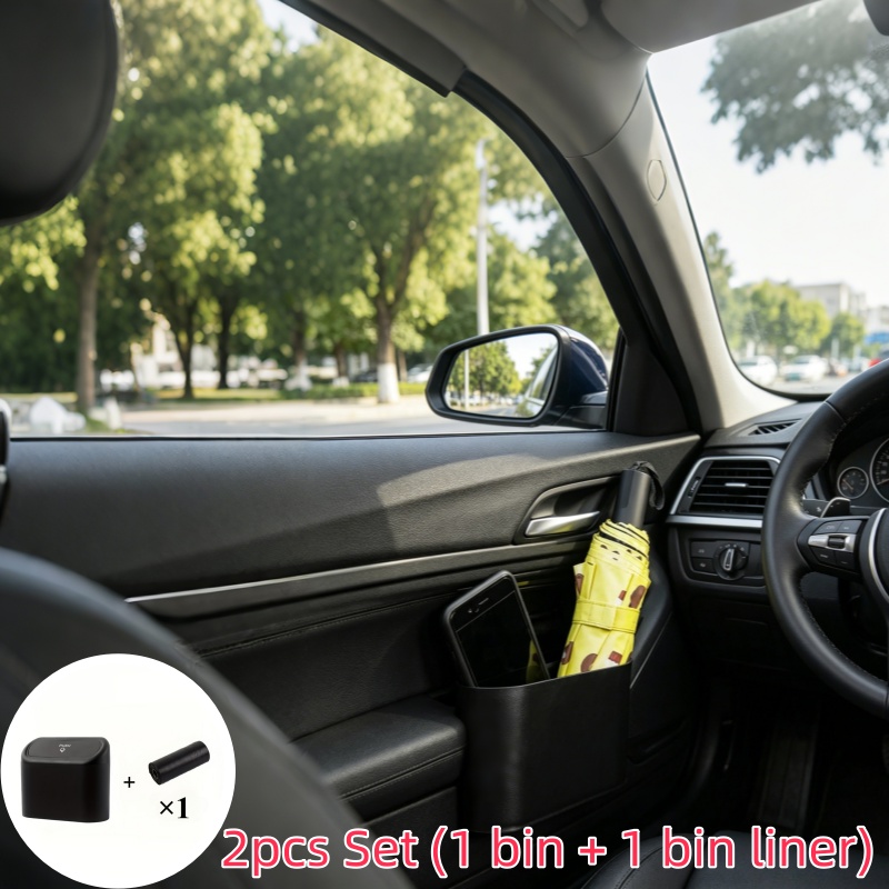 TEMU 2pcs Set: Includes 1 Compact Vehicle Trash Can With A Leak-proof Lid And 1 Roll Of 15 Garbage Bags. Mini Vehicle Trash Bin, Durable And Easy To