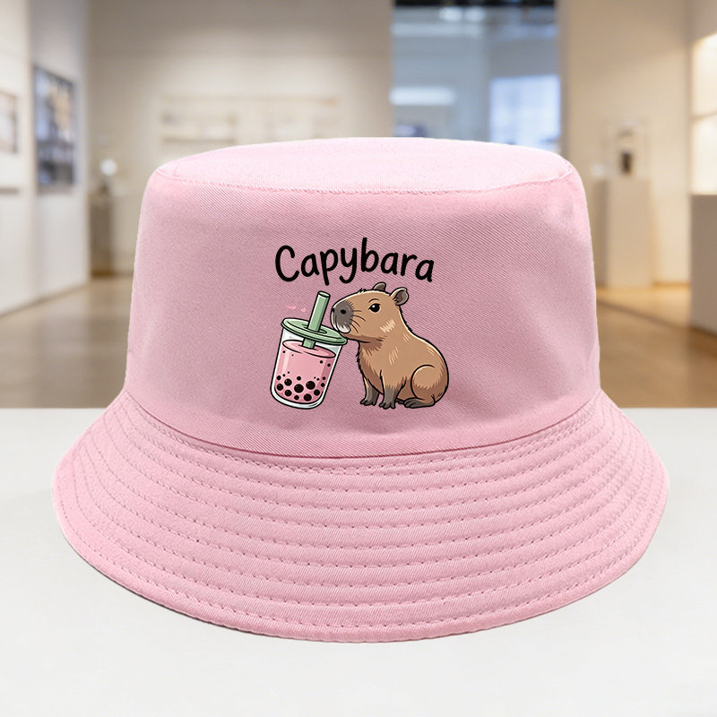 Image of 1pc Cute Capybara Drinking Bubble Tea Printed Fisherman Hat, Unisex Cartoon Bucket Hat Suitable For Summer Outdoor Activities, Seaside Vacation, Travel And Daily Wear
