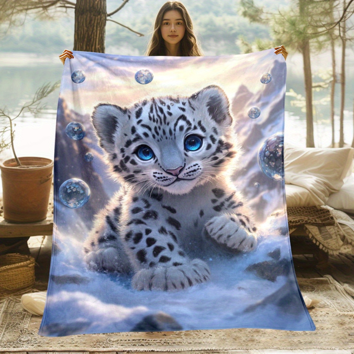 TEMU 1pc Of High-definition Printed Blanket Featuring A Snow Leopard Kitten In The Snow- Lightweight Flannel Blanket, Suitable For Camping, Picnics,