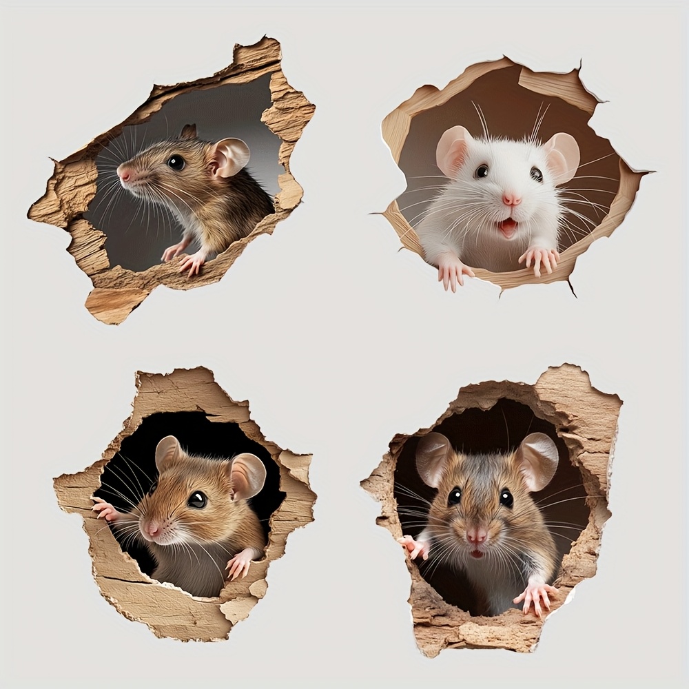 Image of 4-pack Realistic Mouse Peek Wall Stickers - Adorable Rodent Decor For Cabinets, Windows, Doors - Easy-to-apply , Perfect For Themed Parties & Home Decor, Fun Plastic Self-adhesive Art, Mouse Decor