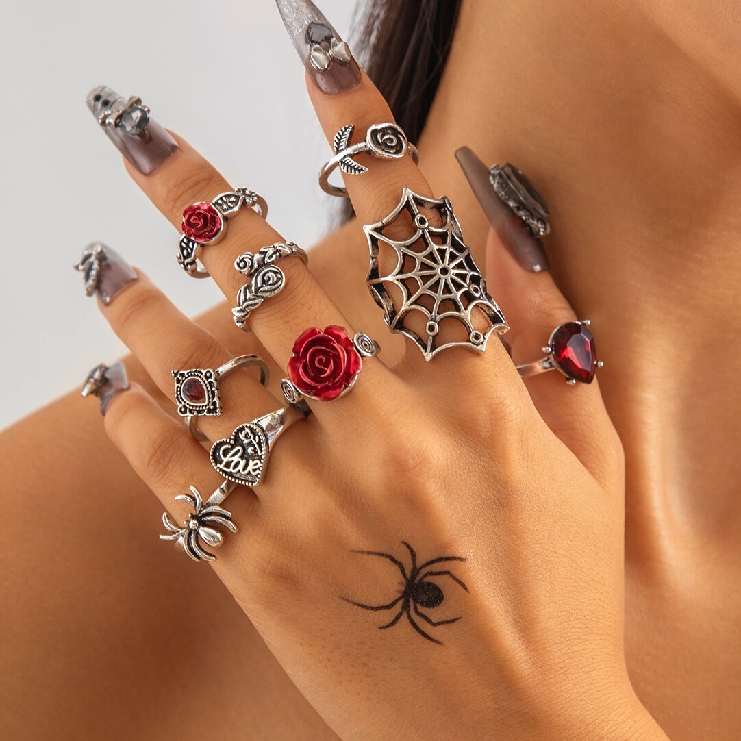TEMU 9pcs Retro Gothic Style Spider Web Rose-shaped Ring Set With Geometric Carving, Heart-shaped Rhinestone Inlay, Layered Rings Suitable For Women'