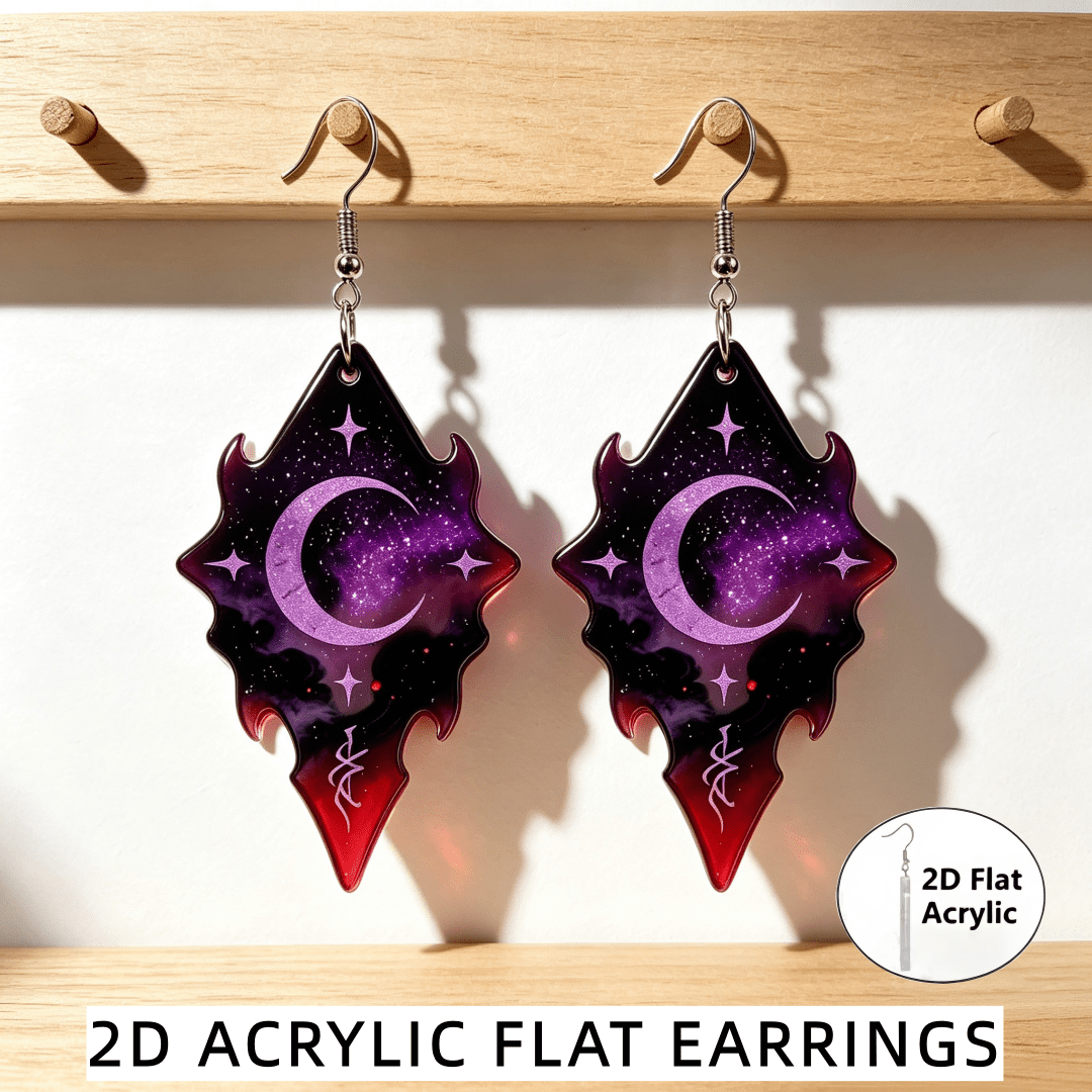Gothic Crescent Moon & Star Dangle Earrings, Purple Galaxy