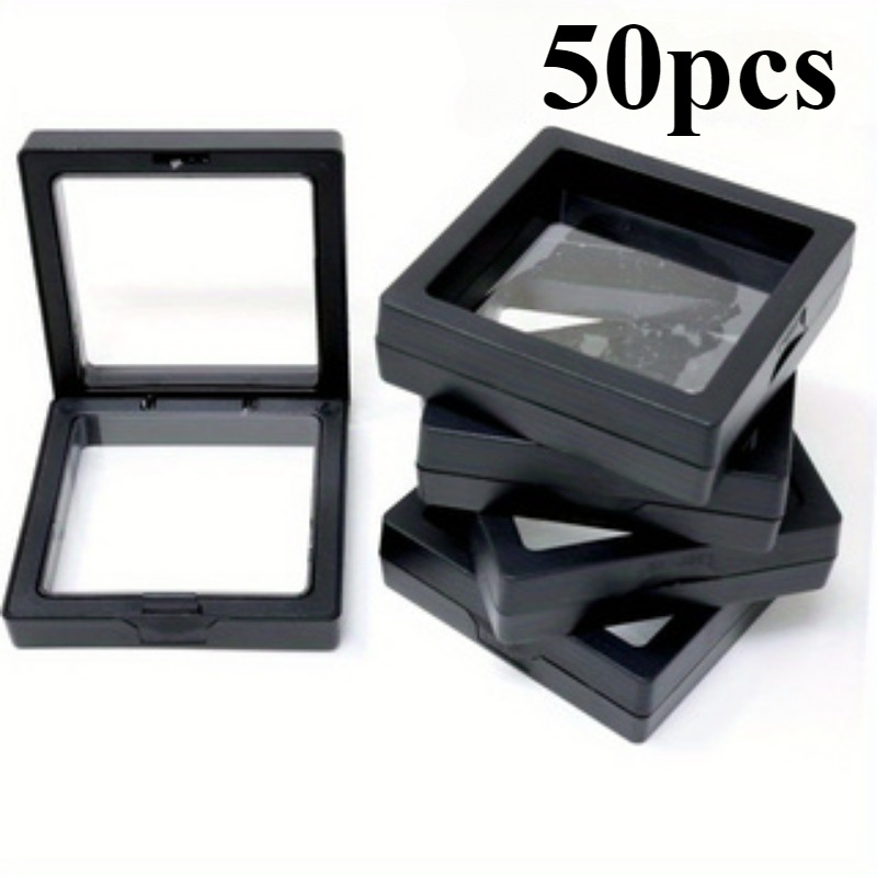 50pcs classic 3d floating display boxes transparent pe film tabletop mounting lockable   closure fabric interior rectangle shape moisture proof storage for jewelry earrings bracelets rings   specimens Product details 1