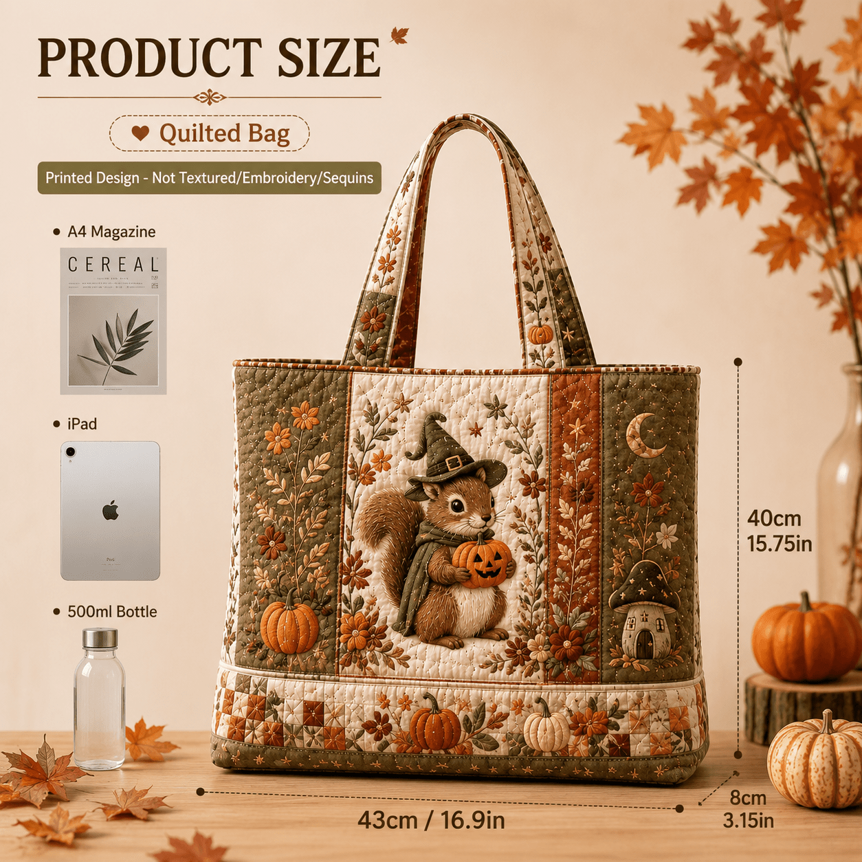 TEMU Sac fourre-tout matelassé pour femmes de 43 x 38 cm (17 x 15 pouces) de style rustique, avec des écureuils de et des floraux d'automne ruraux.