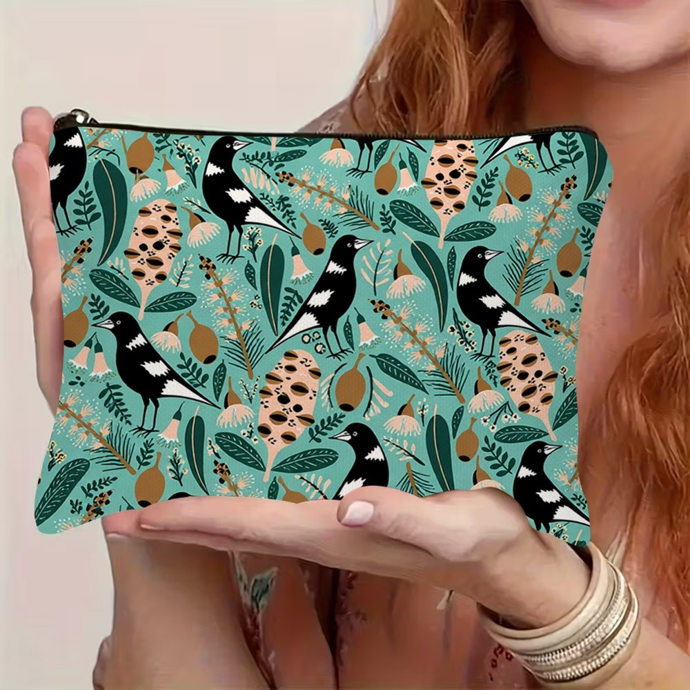 TEMU 1pc Themed Pouch - Australian Magpie Bird Print Cosmetic Bag, Toiletry Organizer & Pencil Holder Suitable For Travel, Gym, Camping, - Compact