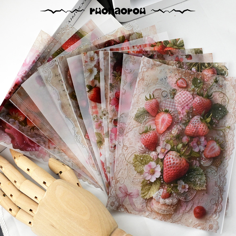 TEMU Brand Ruonaorou 12pcs Translucent Premium Sulfated Paper Journaling Material Decorative Paper Retro Strawberry Series Craft Paper Decorative