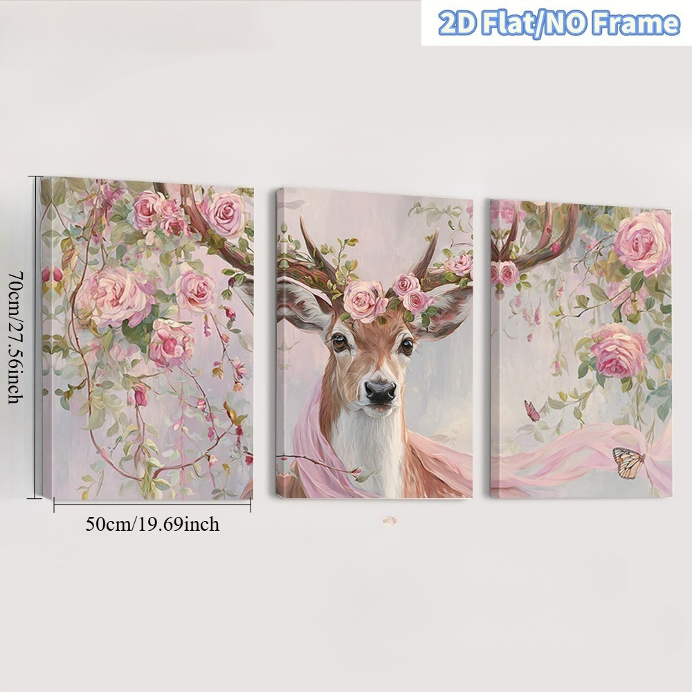 TEMU 2d Flat, 2d Flat, 2d Flat Frameless 3pcs Art Prints, Deer And Rose Theme, Pink Floral Canvas Paintings, -themed Wall Decor, Whimsical , Modern