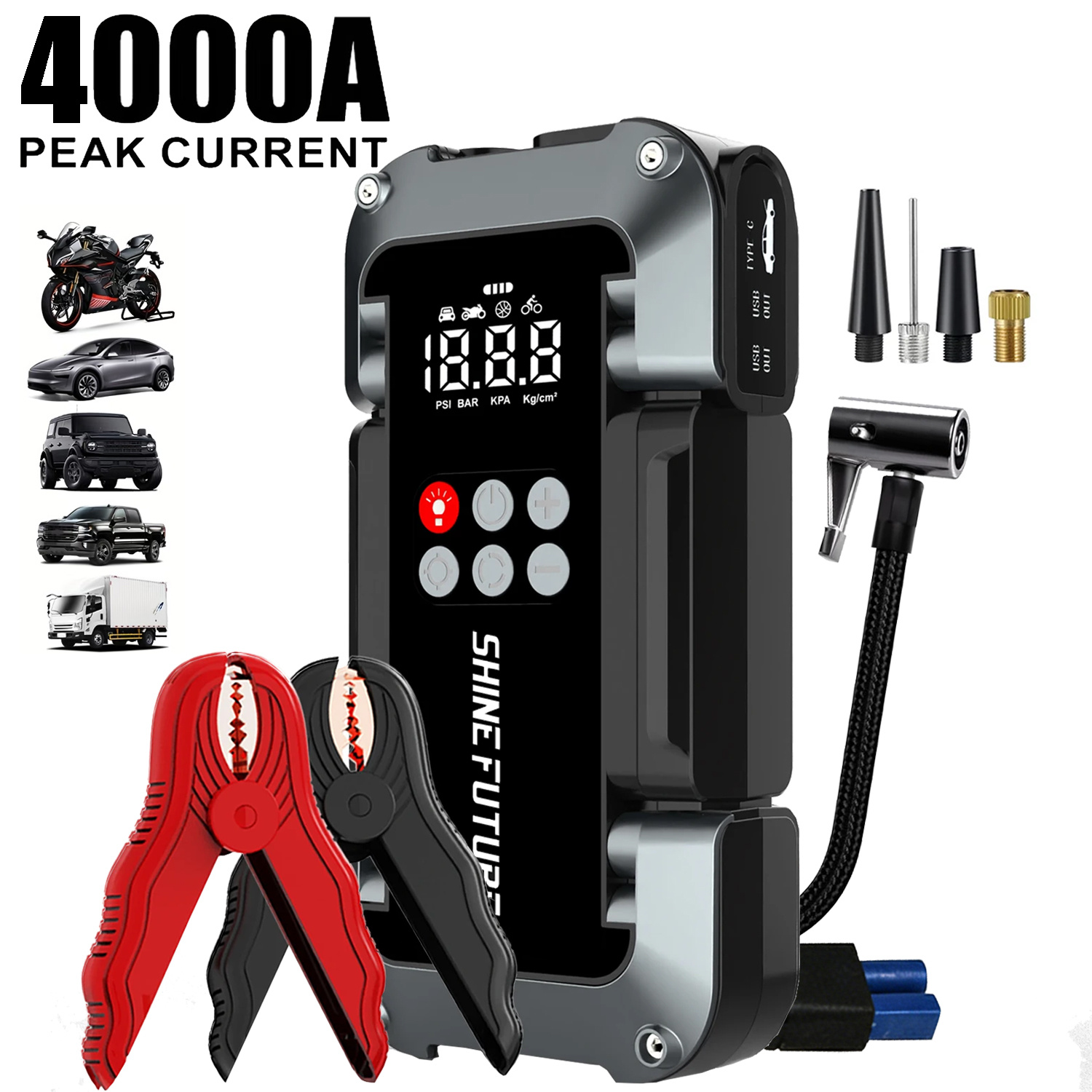 TEMU Current 6in 1 Car Jump Starter Kit Battery Booster Jump Starter Power Bank Lithium Battery Car Jump Starter With Tire Inflator