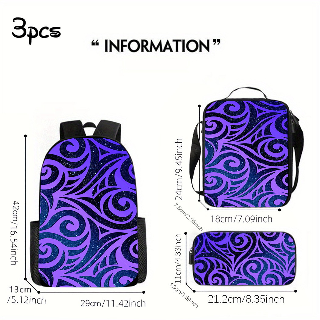 TEMU 3pcs New Zealand Maori Style Backpacks With Maori Cultural Patterns (tikanga) - Adjustable Straps, Zipper Closure & Polyester Lining, Hiking,
