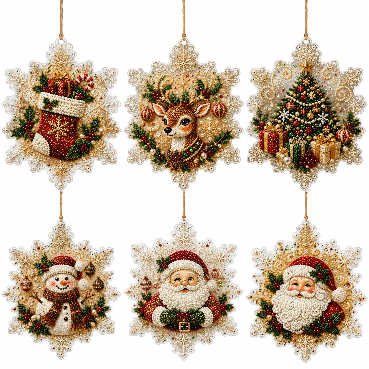 TEMU Set di ornamenti natalizi da pittura con diamanti e perle per , 6 pezzi - Motivi di e , regalo a a forma di di da appendere all'albero, calze, ,
