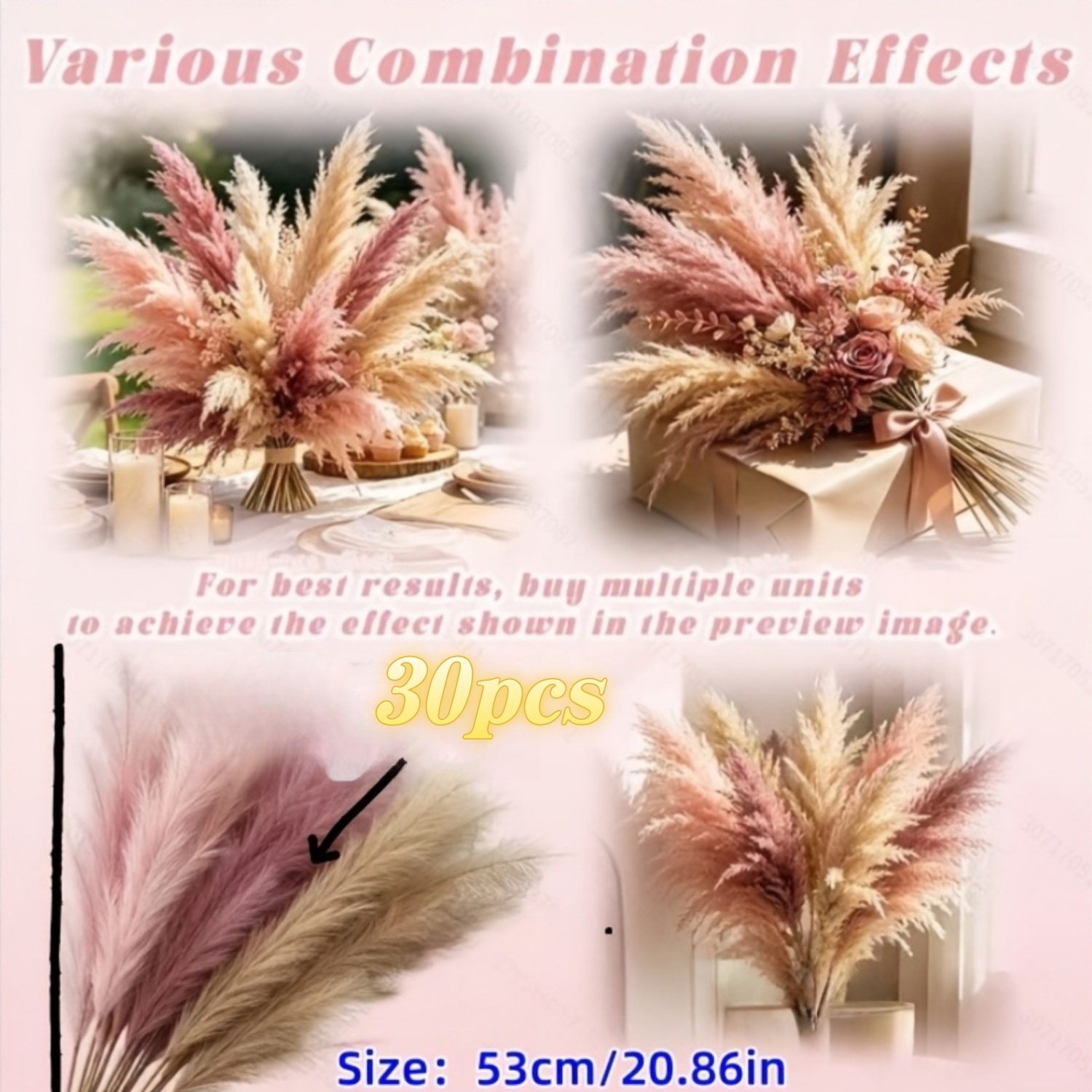 TEMU 30pcs Bohemian Style Artificial Reed Heads In Pink + Dark Pink + Reddish Brown | Suitable For Wedding Decor, Home Decor, Bridal Bouquet Decor,