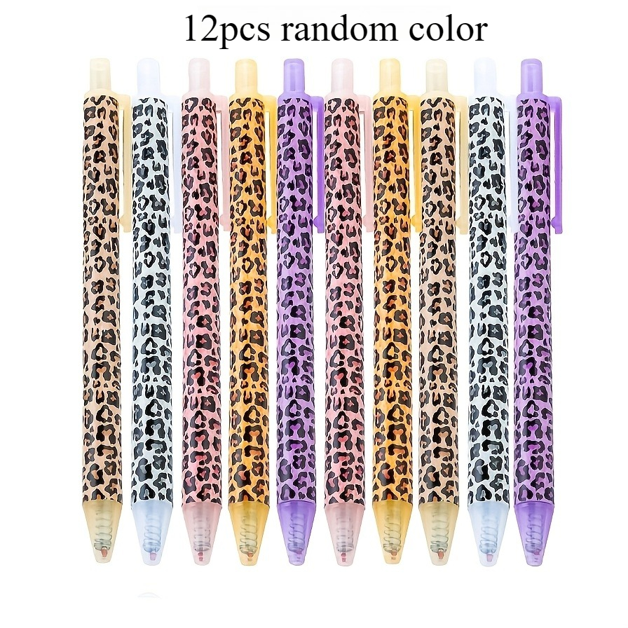 TEMU 12pcs Leopard Print Retractable Ballpoint Pens - Fashionable 1.0mm Smooth Writing Office Stationery Set, Black Ink, No , Multicolor , Gift For