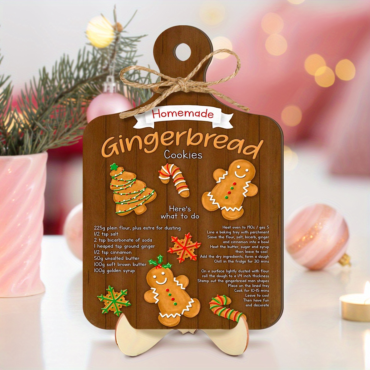 TEMU 2d Flat, 1pc Vintage Recipe & Decorating Guide Sign - Artificial Wood Rustic Kitchen Display With Gingerbread Cutouts Suitable For Christmas