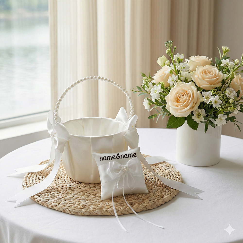 TEMU Almohada de Anillo Personalizada, Cesta de Flores de Novia con Nudo de Cuentas para Boda, Cesta de Flores de para Niña de + Juego de Almohada de