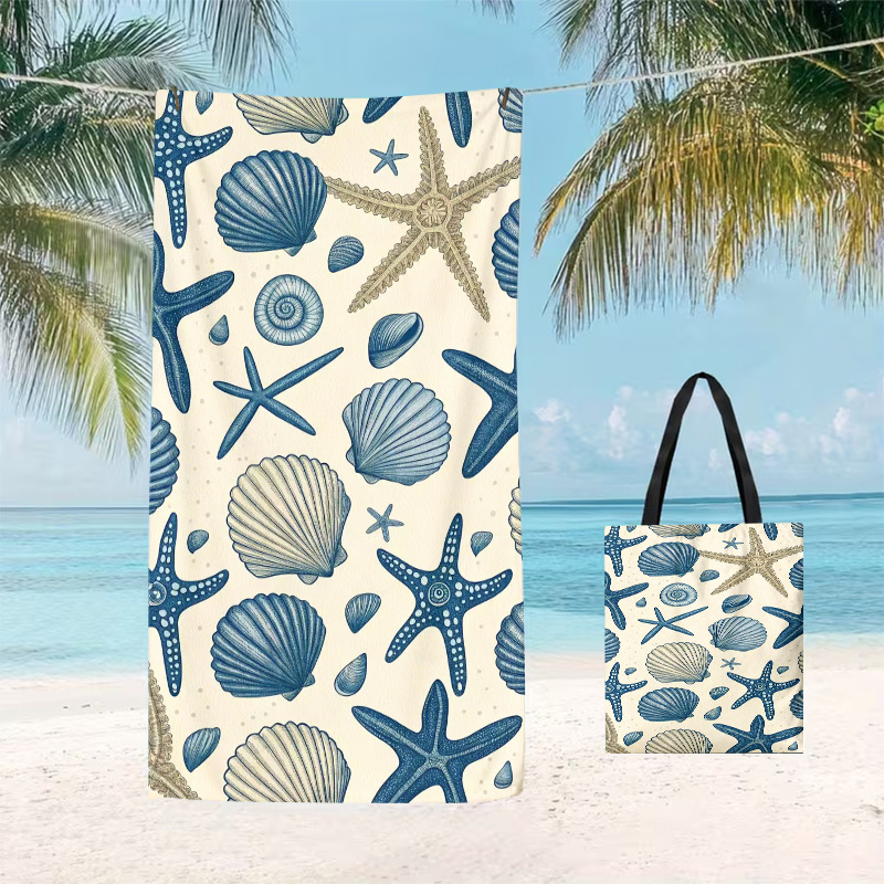 TEMU 2pcs Serviette de plage jumbo en microfibre, 1pc Sac fourre-tout en toile et 1pc Serviette de plage sur le thème des coquillages et des étoiles
