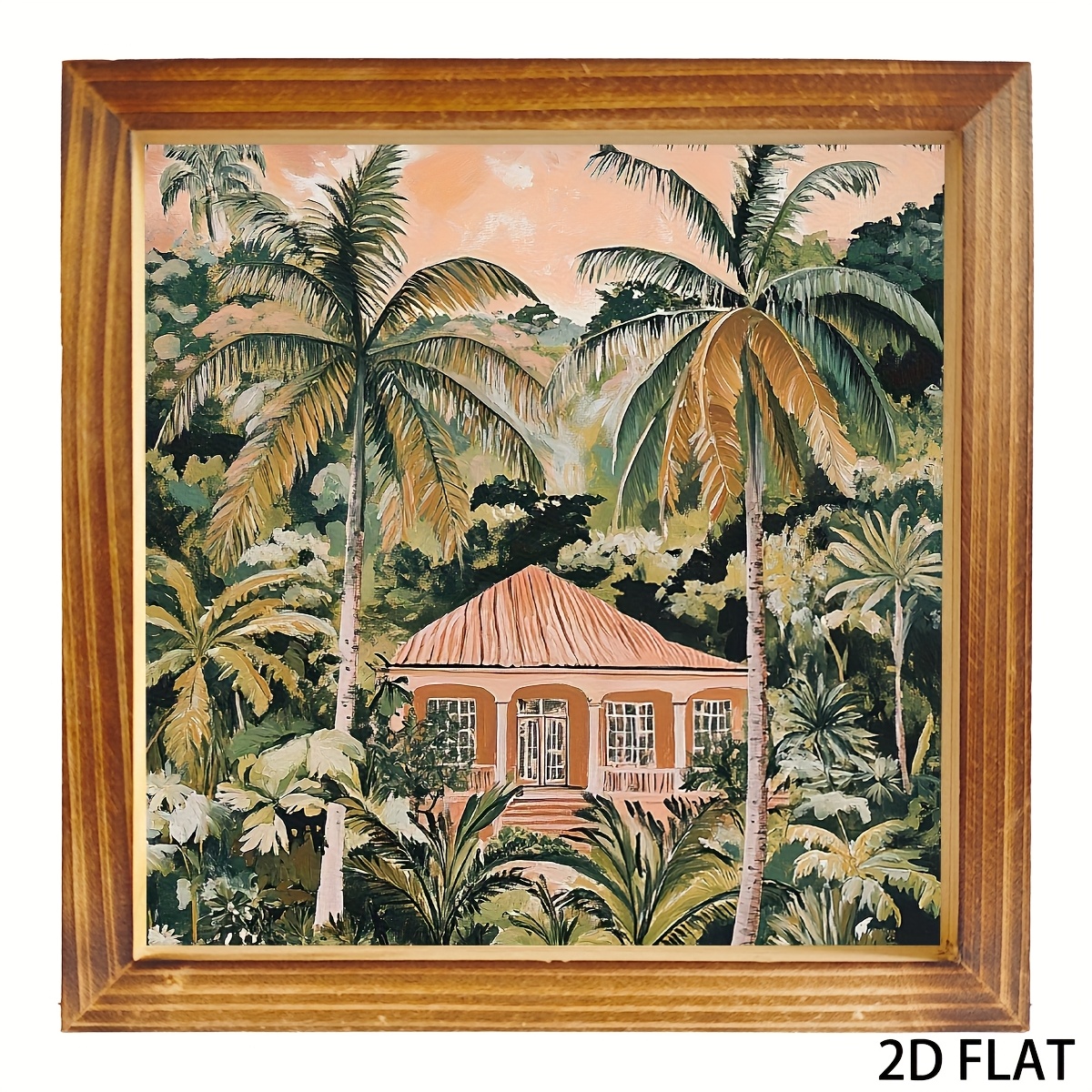 TEMU 1pc Vintage Tree - 8x8 Inch Wood Frame Suitable For Living Room, Office Decor, Wood Panel With Soft & Palm Tree Illustration, Printing, Durable