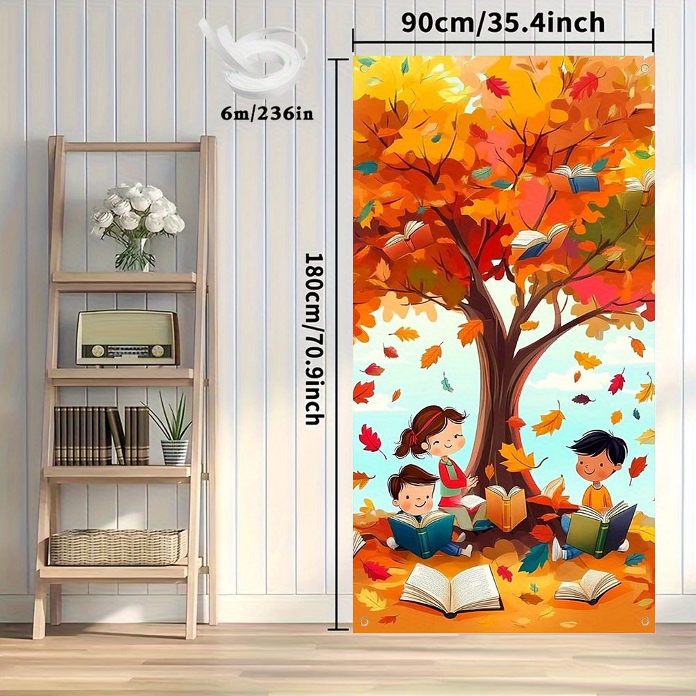 TEMU 2d Door Banner, 1pc Door Banner - Children Reading Under Tree With Books, Fall Literary Decor For Classroom, Library, Home - No Electricity
