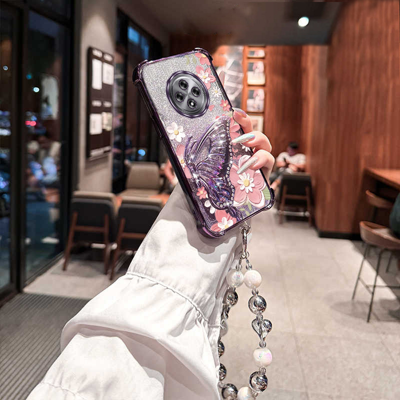 TEMU Luxury Phone Case With Wrist Strap, Featuring Glittery Flowers And Butterflies, Designed For Oppo Reno 12f, Providing Shock Resistance And A