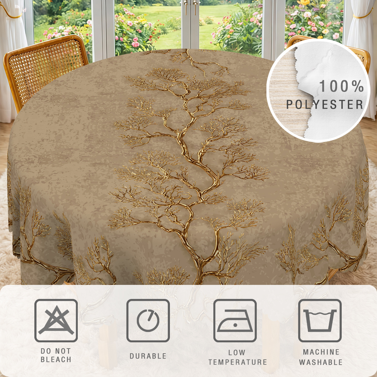 1pc, Vintage Golden-Brown Tree Tablecloth, Elegant Golden Branch Print with Intricate Twigs And Leaves, Artistic Nature Design on Textured Beige Background, Botanical Style Table Cover for Dining Room, Kitchen And Home Decor, 7 Sizes Available