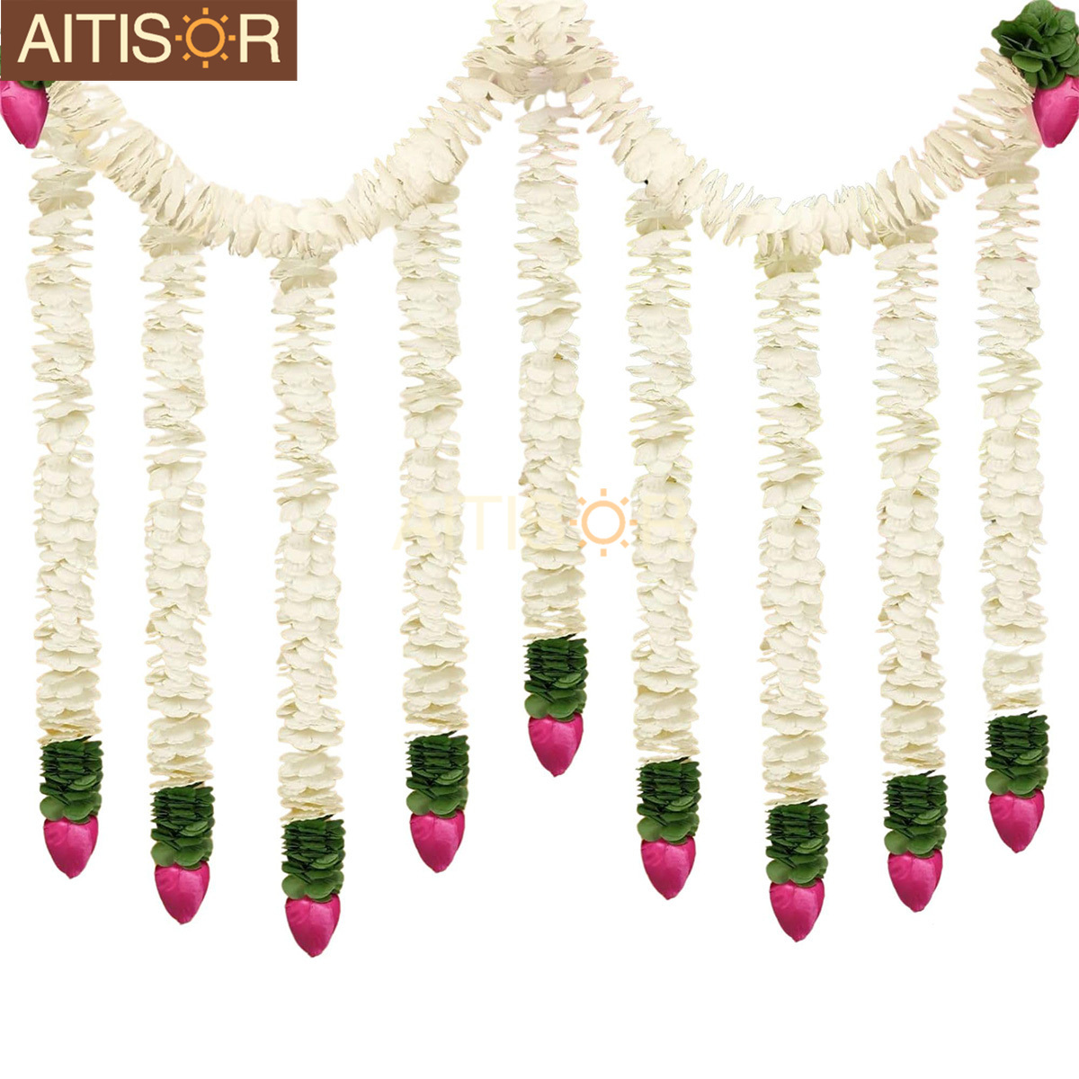 

6pcs Aitisor 30" Elegant Artificial Jasmine Garland With Pink For Lotus Buds - Ideal For Ramadan, Eid Al-fitr & Pujas | Modern Traditional Wall Hanging Decor For Spring &