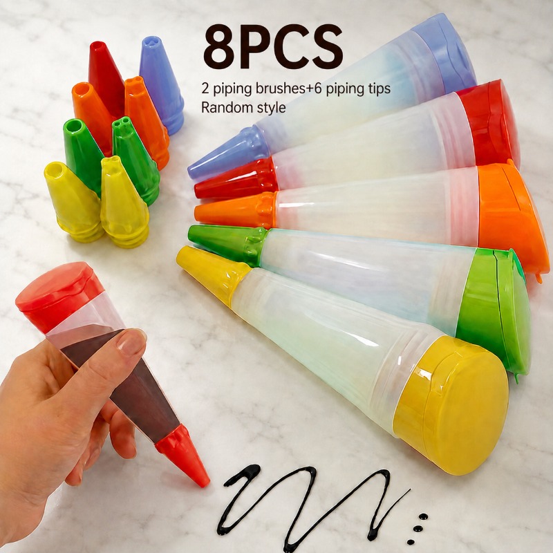 TEMU 8pcs(2 Piping Brushes+6 Piping Tips)random Style, Reusable Cake Decorating Squeeze Bottle With Interchangeable Piping Tips, Icing Pen For