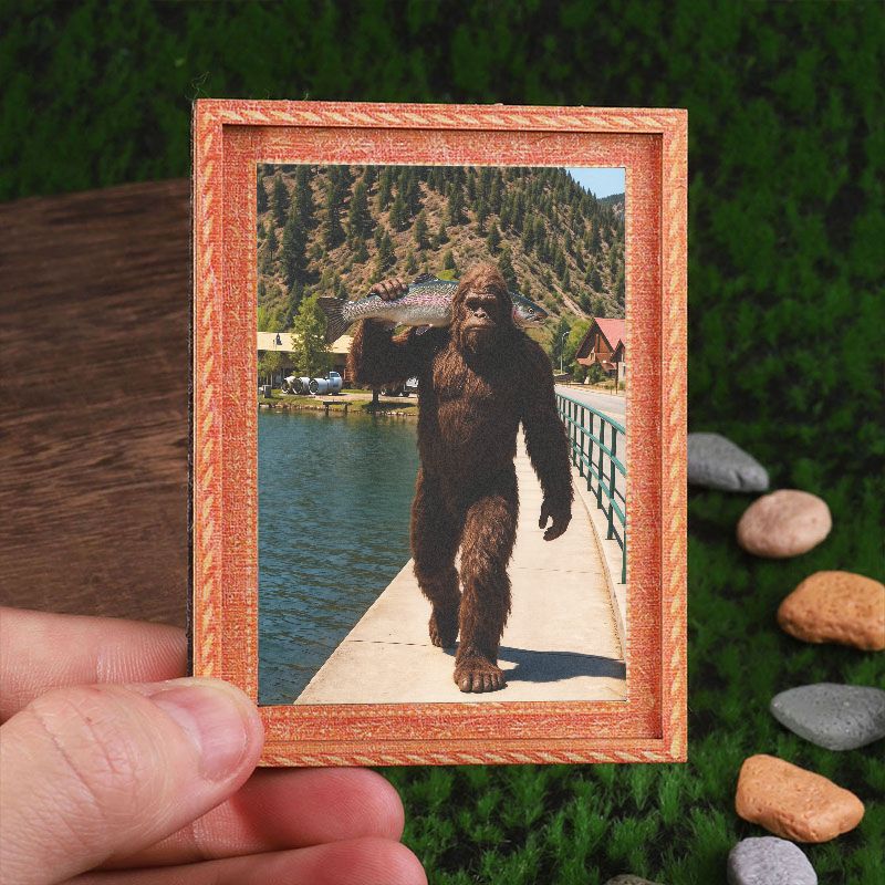 TEMU 1 pièce Mini Cadre Photo Aimant pour Réfrigérateur de Maison et de Bureau - Décoration Bigfoot Pêchant en Bois avec Socle, Porte-Photo pour