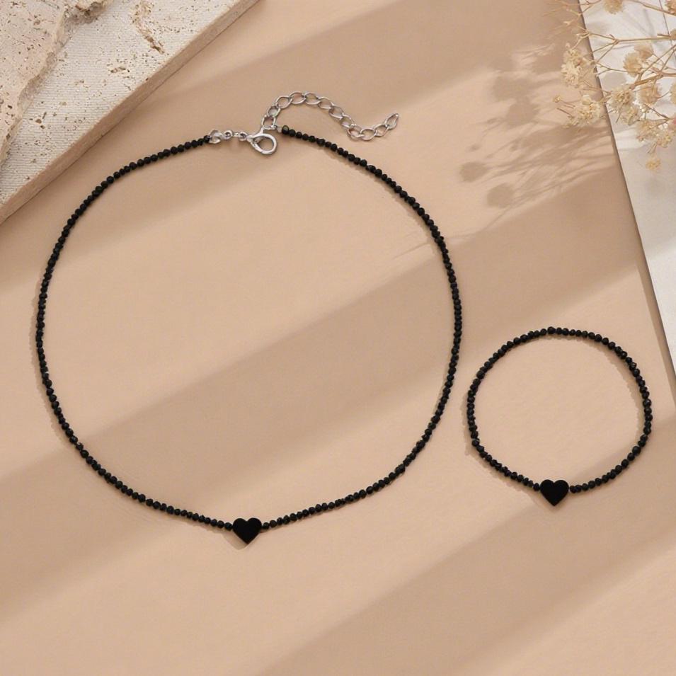 E-shop 2 Stück - Bohemian Herzförmige Perlenkette und Armband – Verstellbare Choker für Frauen – Ideal für Mutter, Tochter und Schwestern