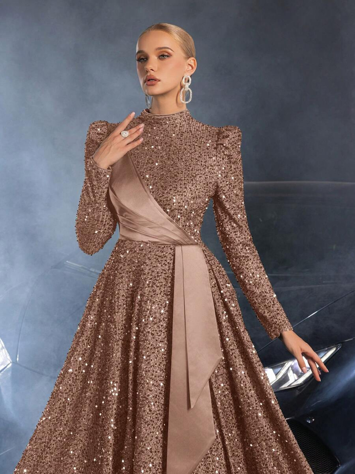 heavy sequin stand collar dress long sleeved bubble - Temu Poland