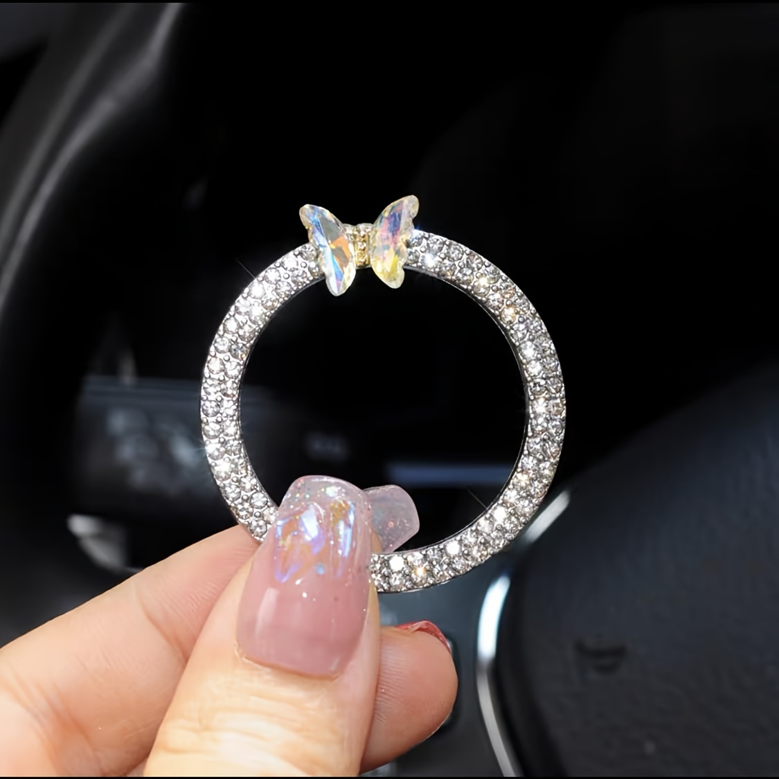 Stainless Steel Flash Stone Crystal Ring Car Ignition Button Decorative Cover - Corrosion-resistant, , Metal Material, Upgraded Design, Without Battery