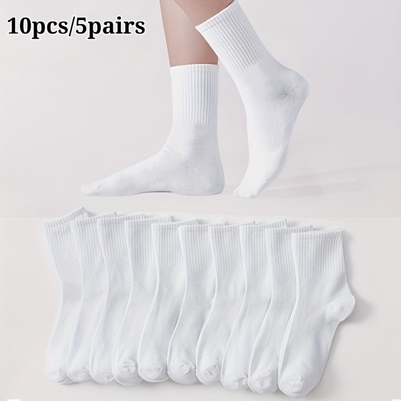 E-shop 10 Stück/5 Paar Damen Stricksocken in Uni-Farben, Partner-Socken, Warme Socken, Lange Socken, Freizeitsocken, Sportsocken, Weiß, Weich, Bequem,