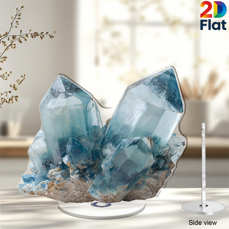 TEMU Plat 2D, Grand Ornement de Bureau Rotatif Plat 2D en Aigue-marine — Motif de à Facettes Double Face avec Socle en , Convient pour la Décoration