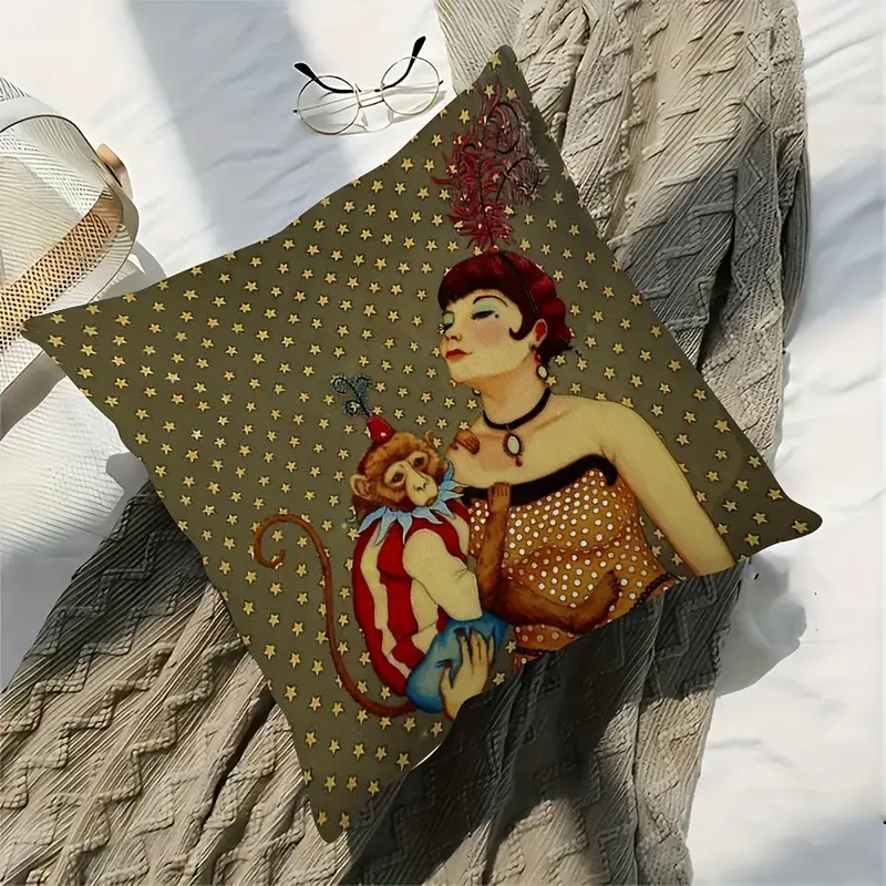 1pc retro style abstract animal print plush pillowcase, double-sided design, hand wash only, zipper closure, polyester fiber, bedroom, sofa, living room, car decorative cushion cover- 18x18 inches(no insert), decorative pillow, elegant woman & monkey portrait , -century decor Product details 4
