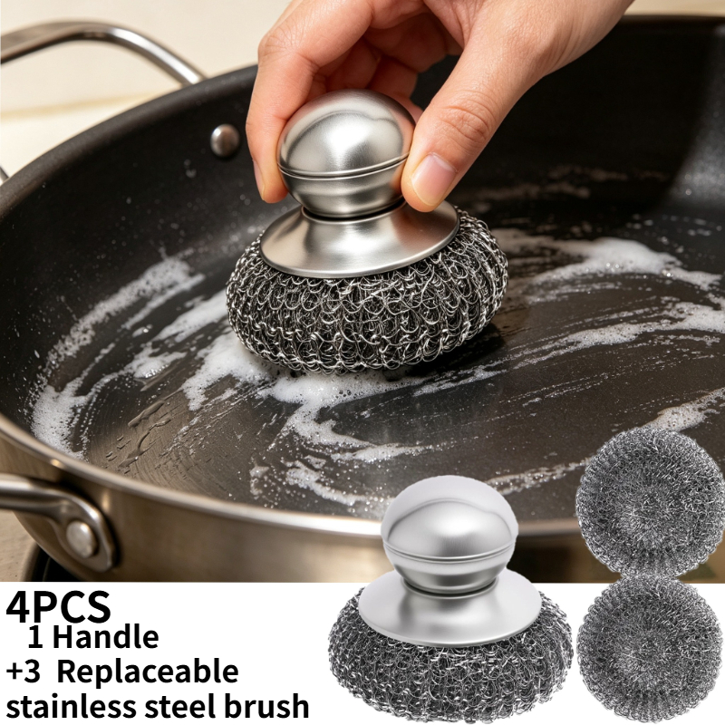 TEMU 4pcs Set, Includes 1 Handle Wire Scrubber Cleaning Brush And 3 Replacement Balls. Dishwashing Brush That Won't Damage Pots, Professionally
