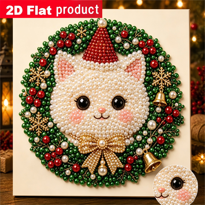 TEMU New 2d/flat Printing Pearl Diamond Painting Featuring An Adorable Cat-themed Christmas Design. This Diy Handmade Rhinestone Art Kit Includes