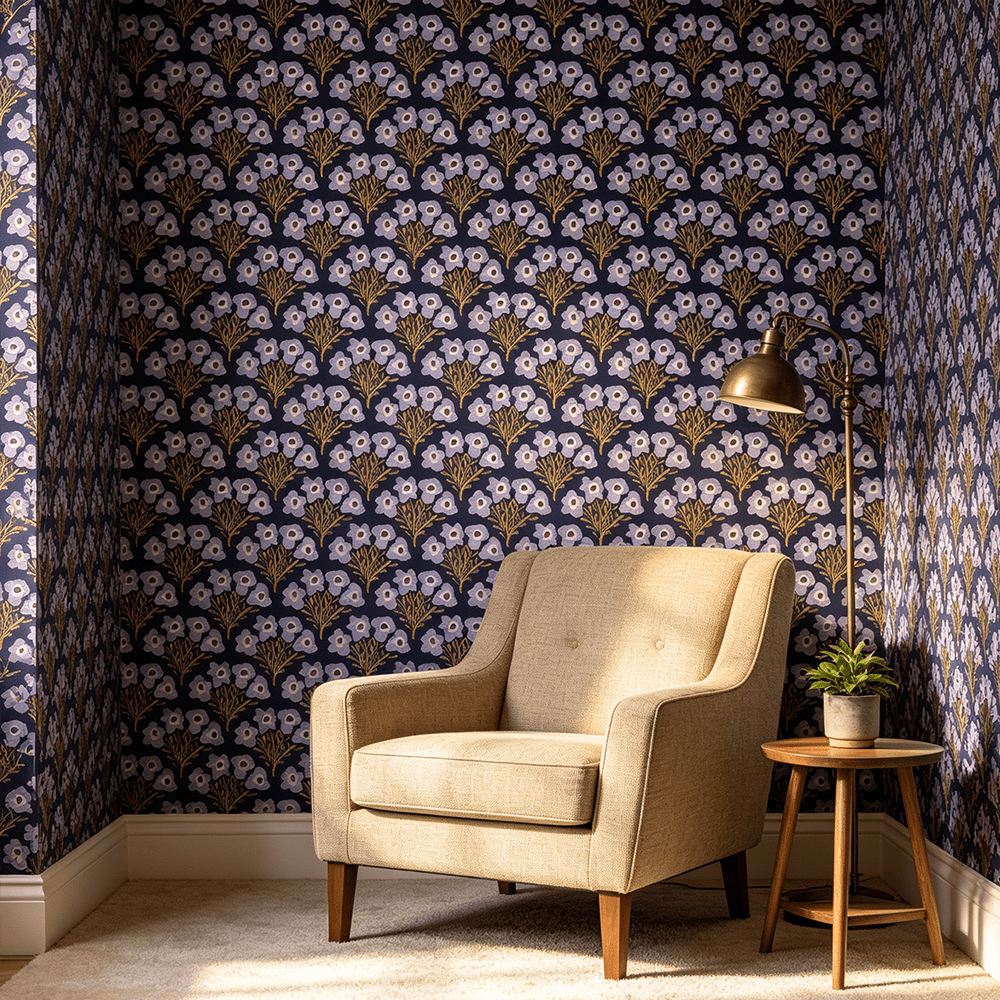 TEMU 1 Roll Of 0.24mm Thick Navy Blue Wallpaper With Light Purple Small Floral Pattern, Featuring Delicate And Dense Tiny Flowers For And .
