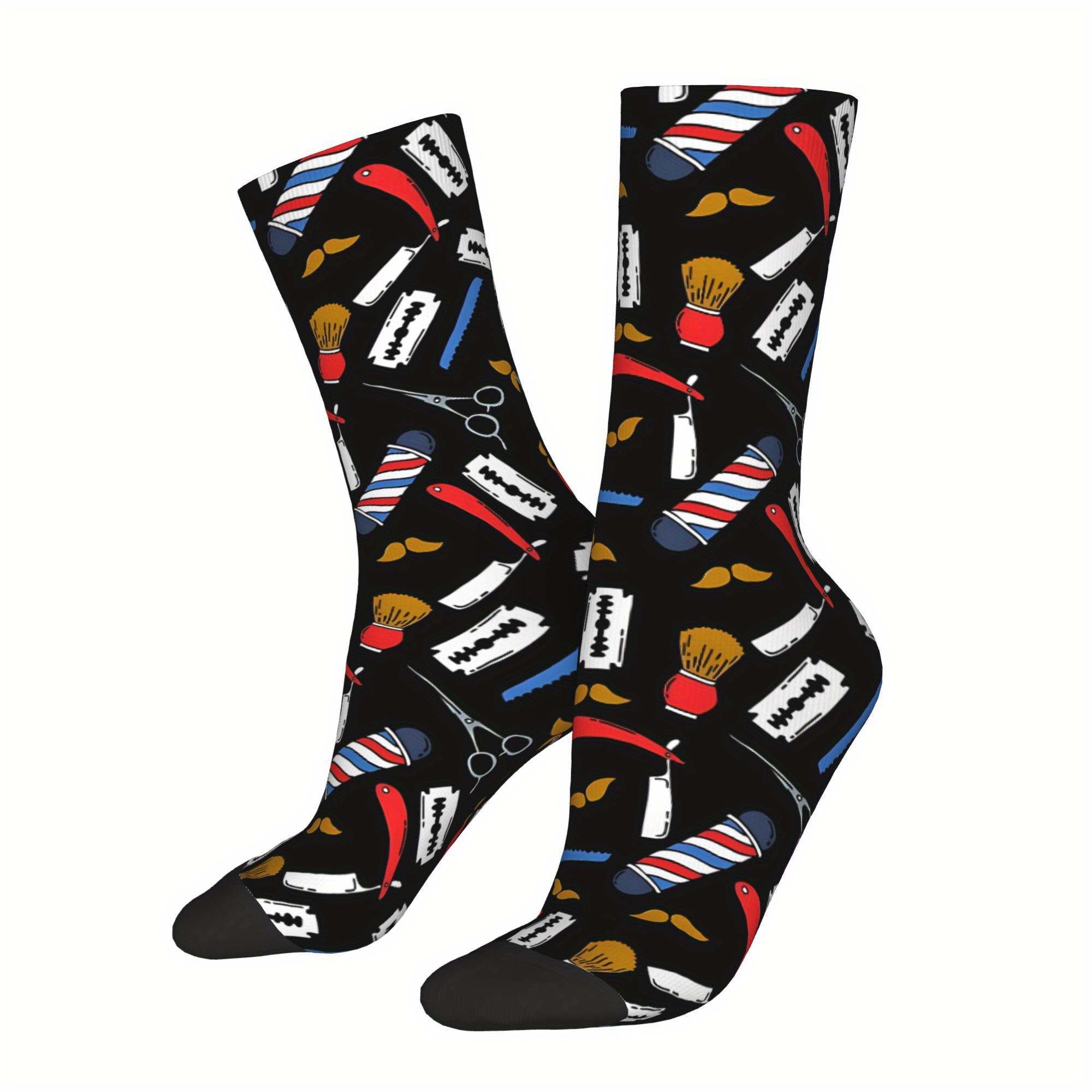 TEMU 1 Pair Men's Barbershop Printed Socks Novelty Crew Socks For Outdoor Hand Wash Or