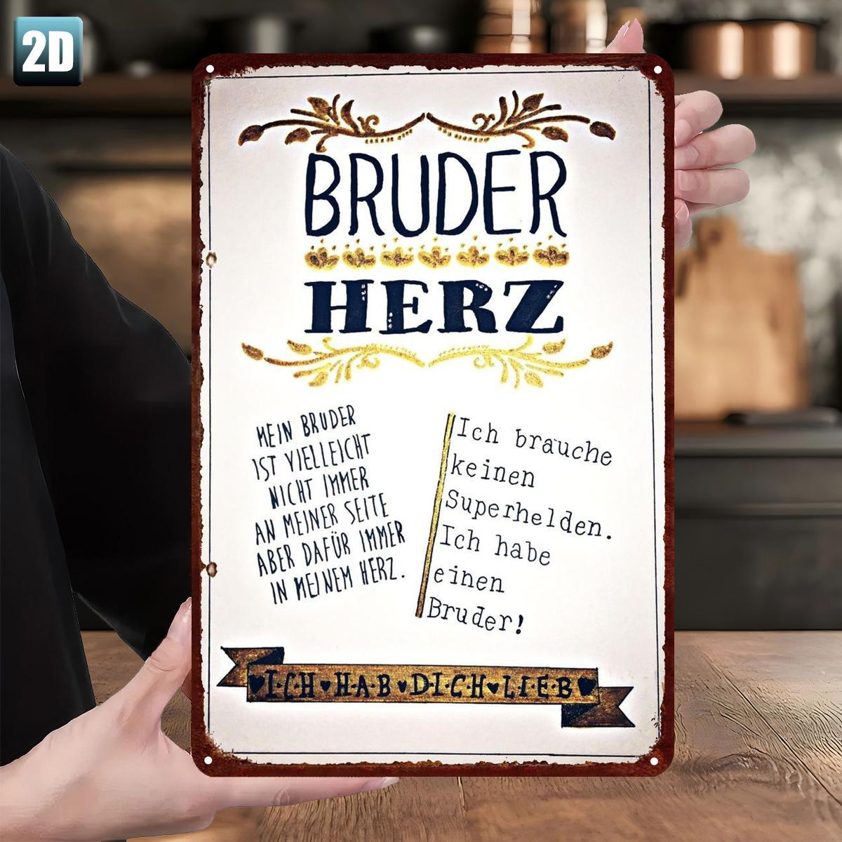 Image of 2d Flat, [2d Flat] 1pc 2d Flat Tin Art Sign | "brother Heart - My Brother Is Friend" German Quote Decor For Home Or Gift, 8x12 Inches (20x30cm), 2d Flat