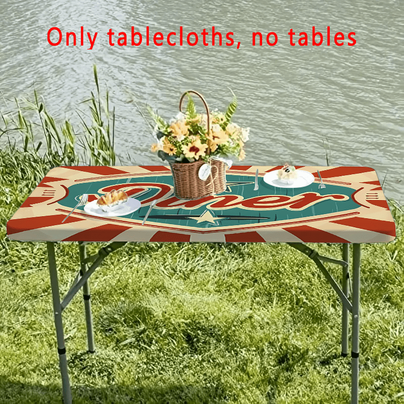 TEMU Elastic Rectangular Tablecloth 1pc, Suitable For Outdoor Use - Design Tablecloth, Vintage Style Restaurant Pattern Print Design, Suitable For