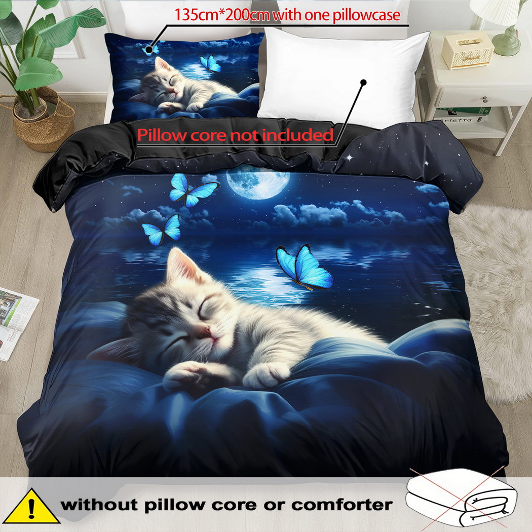 TEMU Animal Theme Duvet Cover Set - 2/3pcs, Soft, Comfortable, And Breathable, Cat Print Bedding Set, Blue Duvet Cover Set, 100% Polyester, Machine