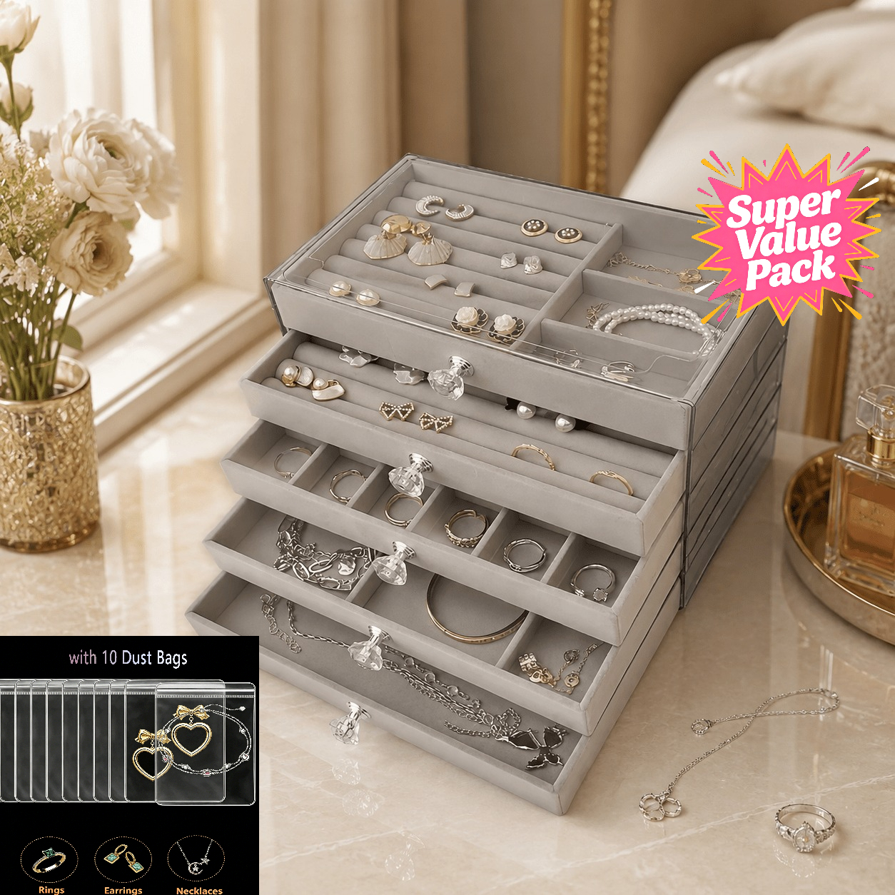 TEMU Jewelry Boxes (jewelry Not Included), Five-tier Multi-drawer Storage Box With A Top Lid, Each Tier Featuring Multiple-size Independent Flocked