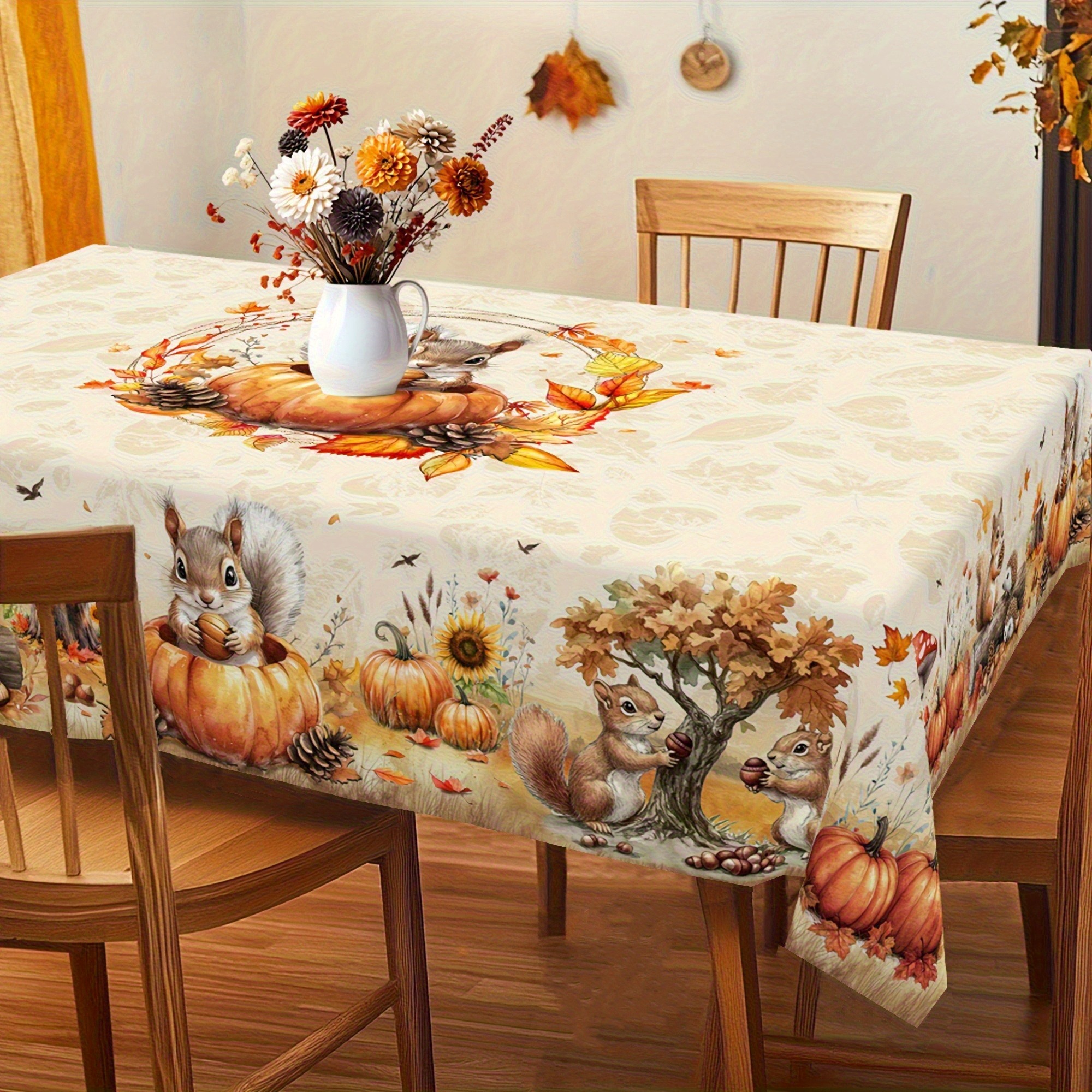 TEMU Tablecloth 1pc 2d Flat Autumn Thanksgiving Themed Tablecloth, Rustic Farmhouse Style With Squirrel, Pumpkin, Little Hedgehog, And Maple Leaf .