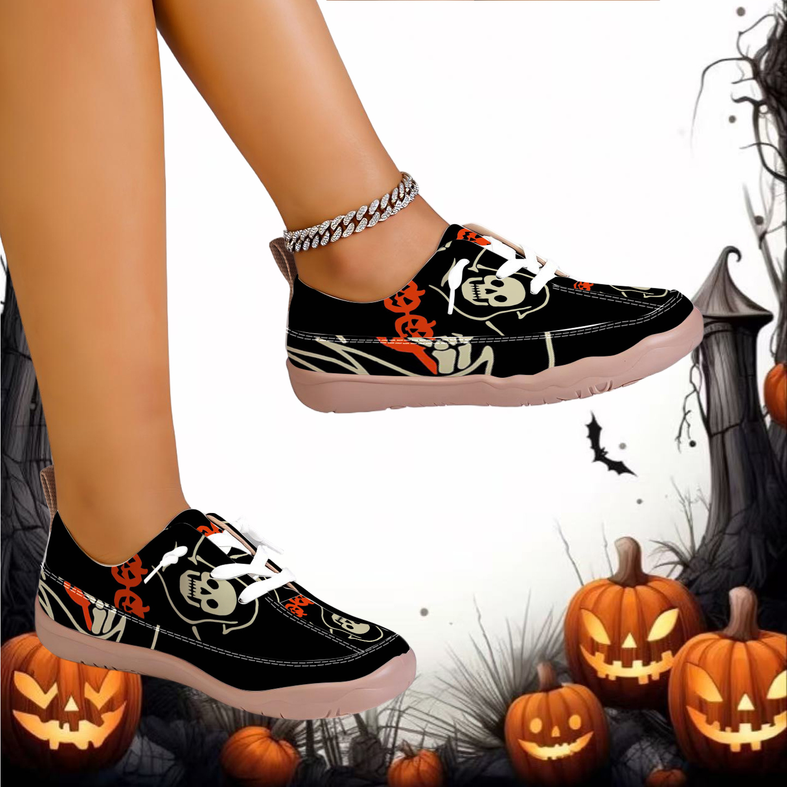     skull halloween theme womens casual shoes retro skull pumpkin pattern with soft material wide toe shape fits     types secure lacing and fit casual and versatile ideal for shopping   women shoes