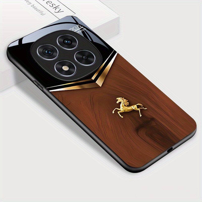 TEMU Phone Case - For Redmi Note 14 Pro Poco X7 5g 4g Phone Case, Golden Horse And Stylish Grain Print Glossy Tempered Glass Casing Shockproof Back