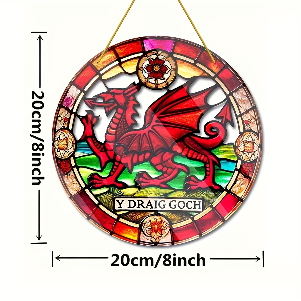 TEMU 2d Flat 1pc, Vibrant 2d Flat Printing, Colorful 2d Flat Design, Double-sided Print, Round Acrylic Sign, Garden Decoration, Welsh Dragon Sun ,